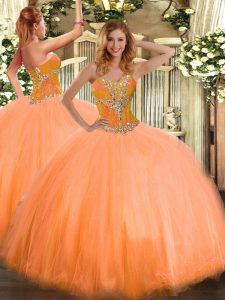Super Orange Ball Gowns Beading Sweet 16 Dress Lace Up Tulle Sleeveless Floor Length