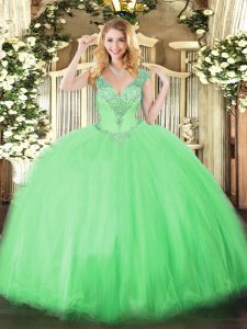 Apple Green V-neck Neckline Beading Quinceanera Gown Sleeveless Lace Up