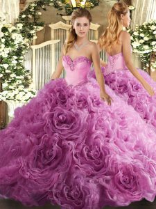 Cute Rose Pink Sleeveless Fabric With Rolling Flowers Lace Up Quinceanera Gowns for Military Ball and Sweet 16 and Quinc