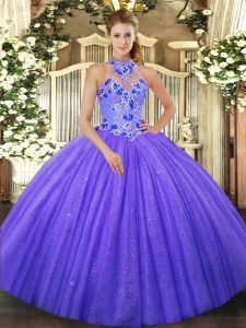 Inexpensive Purple Lace Up Halter Top Beading and Embroidery Quinceanera Dresses Tulle Sleeveless