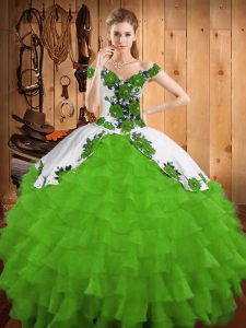 Cute Green Ball Gowns Off The Shoulder Sleeveless Organza Floor Length Lace Up Ruffles and Ruffled Layers 15th Birthday 