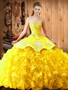 Luxurious Yellow Ball Gown Prom Dress Satin and Organza Brush Train Sleeveless Embroidery and Ruffles
