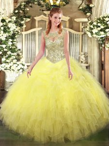 Yellow Tulle Lace Up Scoop Sleeveless Floor Length Sweet 16 Dress Beading and Ruffles