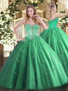 Turquoise Lace Up Sweetheart Beading and Appliques Sweet 16 Dress Tulle Sleeveless