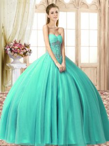 Super Turquoise Sleeveless Beading Floor Length Ball Gown Prom Dress