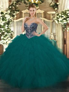 Stunning Teal Sleeveless Tulle Lace Up Vestidos de Quinceanera for Military Ball and Sweet 16 and Quinceanera