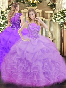 Sexy Sleeveless Floor Length Beading and Ruffles and Pick Ups Zipper Sweet 16 Dress with Lavender
