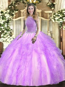 Lavender Tulle Lace Up Sweet 16 Dress Sleeveless Floor Length Beading and Ruffles