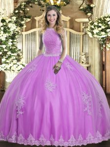 Lilac Tulle Lace Up High-neck Sleeveless Floor Length Quince Ball Gowns Beading and Appliques