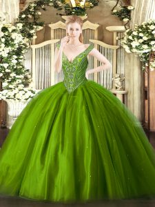 Tulle V-neck Sleeveless Lace Up Beading Ball Gown Prom Dress in Green