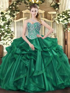 Great Dark Green Ball Gowns Sweetheart Sleeveless Organza Floor Length Lace Up Beading and Ruffles Sweet 16 Dresses