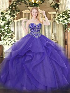 Luxurious Purple Ball Gowns Tulle Sweetheart Sleeveless Beading and Ruffles Floor Length Lace Up Quinceanera Dress