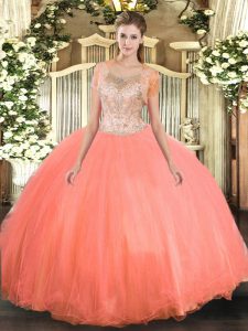 Nice Watermelon Red 15 Quinceanera Dress Military Ball and Sweet 16 and Quinceanera with Beading Scoop Sleeveless Clasp 