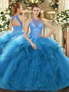 Extravagant Teal Ball Gowns High-neck Sleeveless Organza Floor Length Lace Up Beading and Ruffles Vestidos de Quinceaner