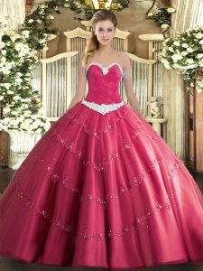Popular Sweetheart Sleeveless Tulle Ball Gown Prom Dress Appliques Lace Up