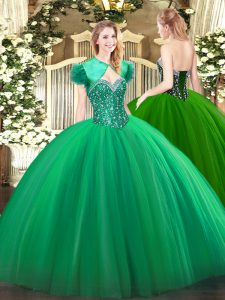 Turquoise Ball Gowns Beading 15th Birthday Dress Lace Up Tulle Sleeveless Floor Length