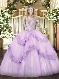 Sleeveless Tulle Floor Length Lace Up Sweet 16 Dresses in Lavender with Beading and Appliques
