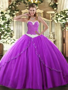 Popular Sweetheart Sleeveless Sweet 16 Quinceanera Dress Mini Length Brush Train Appliques Purple Tulle