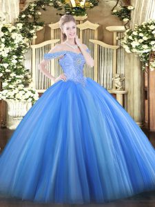 Fitting Baby Blue Lace Up Off The Shoulder Beading Quinceanera Dresses Tulle Sleeveless