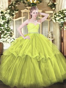 Olive Green Sleeveless Beading and Lace and Ruffled Layers Zipper Sweet 16 Dress