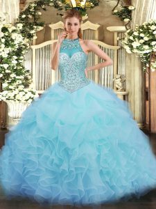 Wonderful Sleeveless Organza Floor Length Lace Up Quince Ball Gowns in Aqua Blue with Beading and Ruffles and Pick Ups