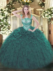Organza Scoop Sleeveless Lace Up Beading and Ruffles Vestidos de Quinceanera in Teal