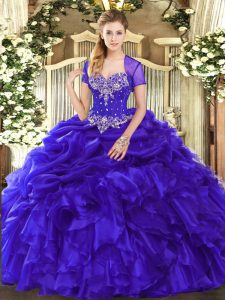 Purple Organza Lace Up Quinceanera Dresses Sleeveless Floor Length Beading and Ruffles and Pick Ups