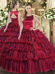 Wine Red Sleeveless Organza Lace Up Vestidos de Quinceanera for Military Ball and Sweet 16 and Quinceanera
