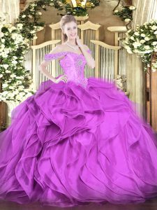 Sleeveless Floor Length Beading and Ruffles Lace Up Ball Gown Prom Dress with Lilac