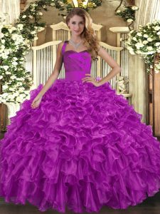 Edgy Fuchsia Organza Lace Up Halter Top Sleeveless Floor Length Sweet 16 Dress Ruffles