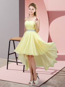 Luxurious Sleeveless Chiffon High Low Lace Up Dress for Prom in Light Yellow with Beading