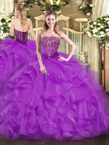 Purple Strapless Neckline Beading and Ruffles 15th Birthday Dress Sleeveless Lace Up