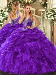 Straps Sleeveless Lace Up Sweet 16 Dress Purple Organza