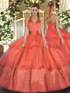 Orange Red Tulle Lace Up Sweet 16 Quinceanera Dress Sleeveless Floor Length Ruffled Layers