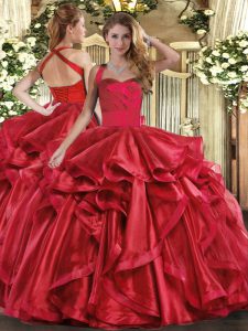 Modest Wine Red Ball Gowns Organza Halter Top Sleeveless Ruffles Floor Length Lace Up 15 Quinceanera Dress