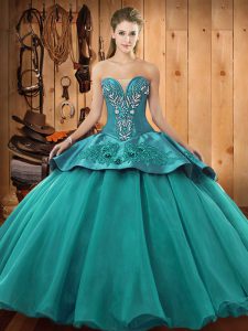 Teal Ball Gowns Beading and Embroidery 15 Quinceanera Dress Lace Up Satin and Organza Sleeveless Floor Length