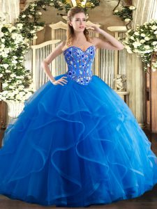 Adorable Sleeveless Tulle Floor Length Lace Up Quinceanera Gown in Royal Blue with Embroidery and Ruffles