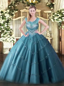 Teal Ball Gowns Tulle Scoop Sleeveless Beading and Appliques Floor Length Lace Up Sweet 16 Dress