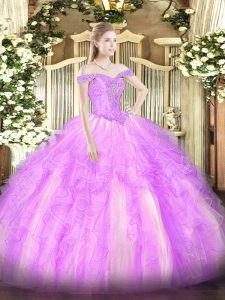 Lilac Tulle Lace Up Off The Shoulder Sleeveless Floor Length Sweet 16 Dress Beading and Ruffles