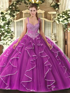 Fine Floor Length Fuchsia Sweet 16 Quinceanera Dress Straps Sleeveless Lace Up