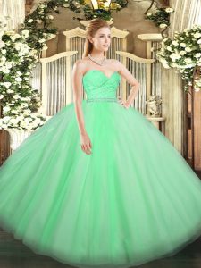 Fantastic Apple Green Ball Gowns Sweetheart Sleeveless Tulle Floor Length Zipper Beading and Lace Sweet 16 Dress