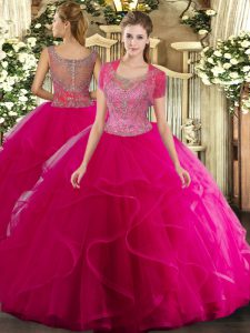 Spectacular Hot Pink Ball Gowns Scoop Sleeveless Tulle Floor Length Clasp Handle Beading and Ruffled Layers Quinceanera 