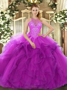 Fuchsia Lace Up Sweet 16 Dress Beading and Ruffles Sleeveless Floor Length