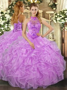 Pretty Sleeveless Organza Floor Length Lace Up Sweet 16 Dresses in Lavender with Beading and Ruffles