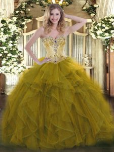 Fitting Organza Sweetheart Sleeveless Lace Up Beading and Ruffles Quince Ball Gowns in Olive Green