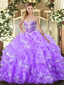 Lavender Lace Up Sweetheart Ruffled Layers Quince Ball Gowns Organza Sleeveless