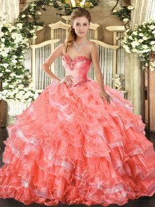 Floor Length Ball Gowns Sleeveless Watermelon Red Sweet 16 Dress Lace Up
