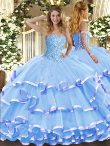 Inexpensive Ball Gowns 15 Quinceanera Dress Aqua Blue Sweetheart Organza Sleeveless Floor Length Lace Up