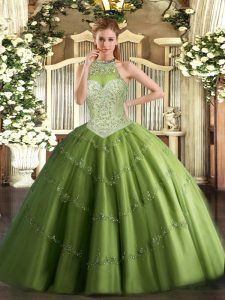 Low Price Floor Length Olive Green Quinceanera Dresses Tulle Sleeveless Beading and Appliques