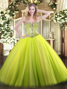 Floor Length Lace Up Quinceanera Dresses Yellow Green for Sweet 16 and Quinceanera with Beading